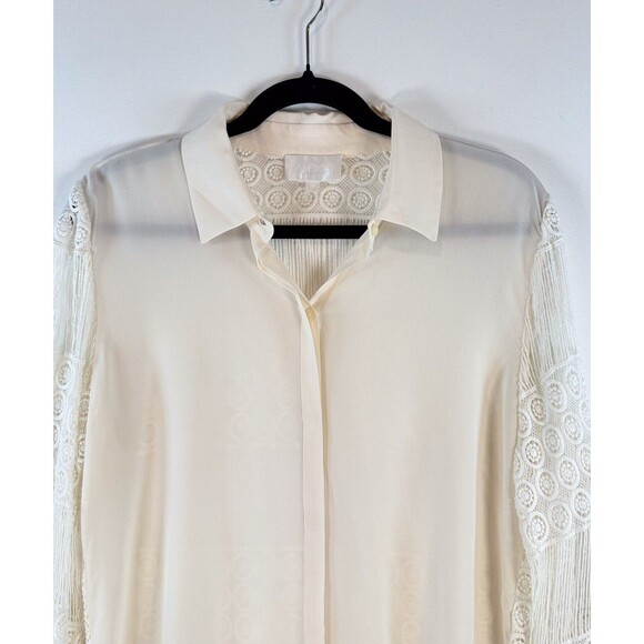 ALEXIS Womens Top Beige Button Up Silk Crochet Lace Sheer Blouse Boho USA Size 6 - Picture 7 of 11